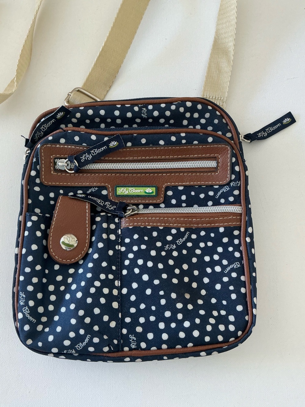 Lily Bloom Navy Polka Dot Crossbody Bag with Brown Trim